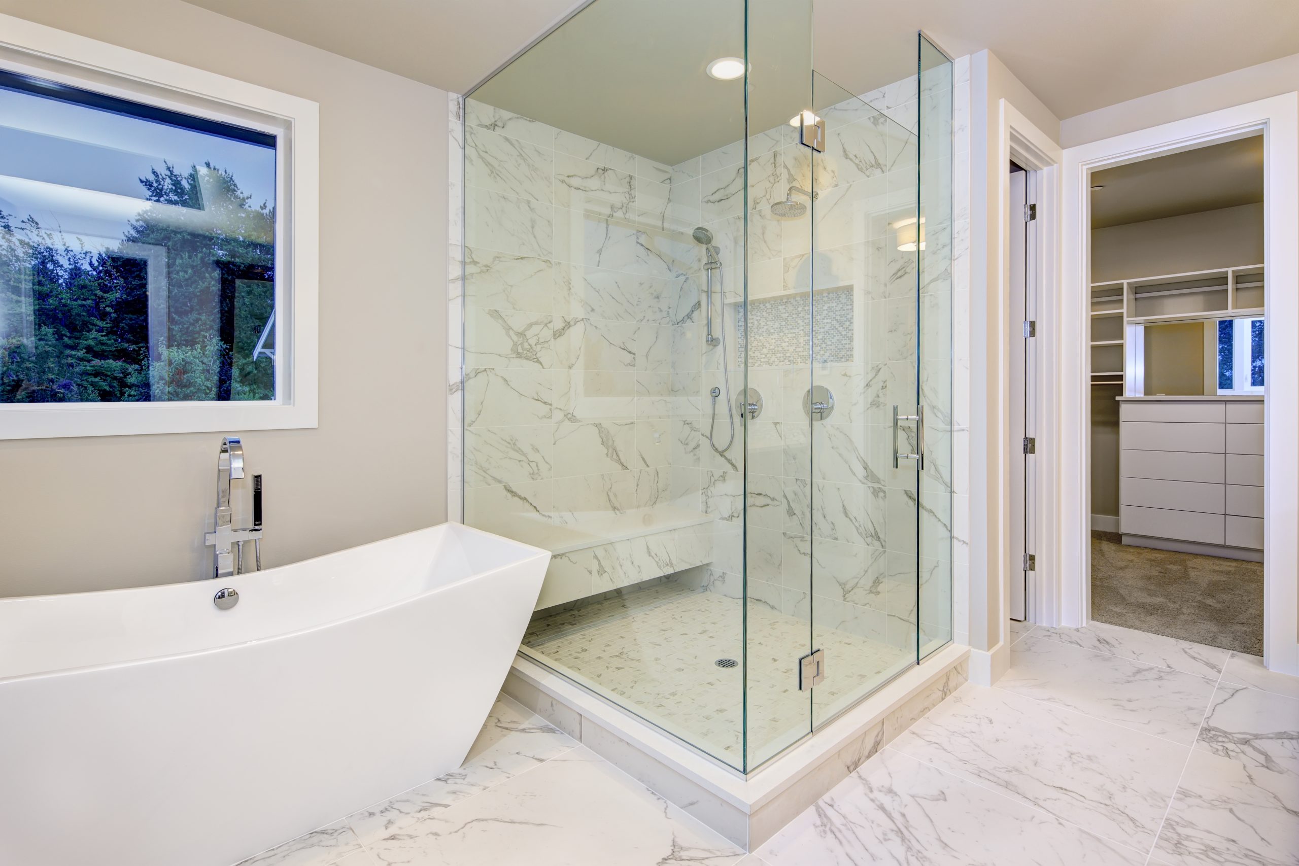 Sleek,Bathroom,Features,Freestanding,Bathtub,Atop,Marble,Floor,Placed,In