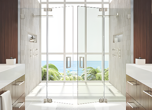 ultra clear shower glass showing detailed tile work behind the enclosure